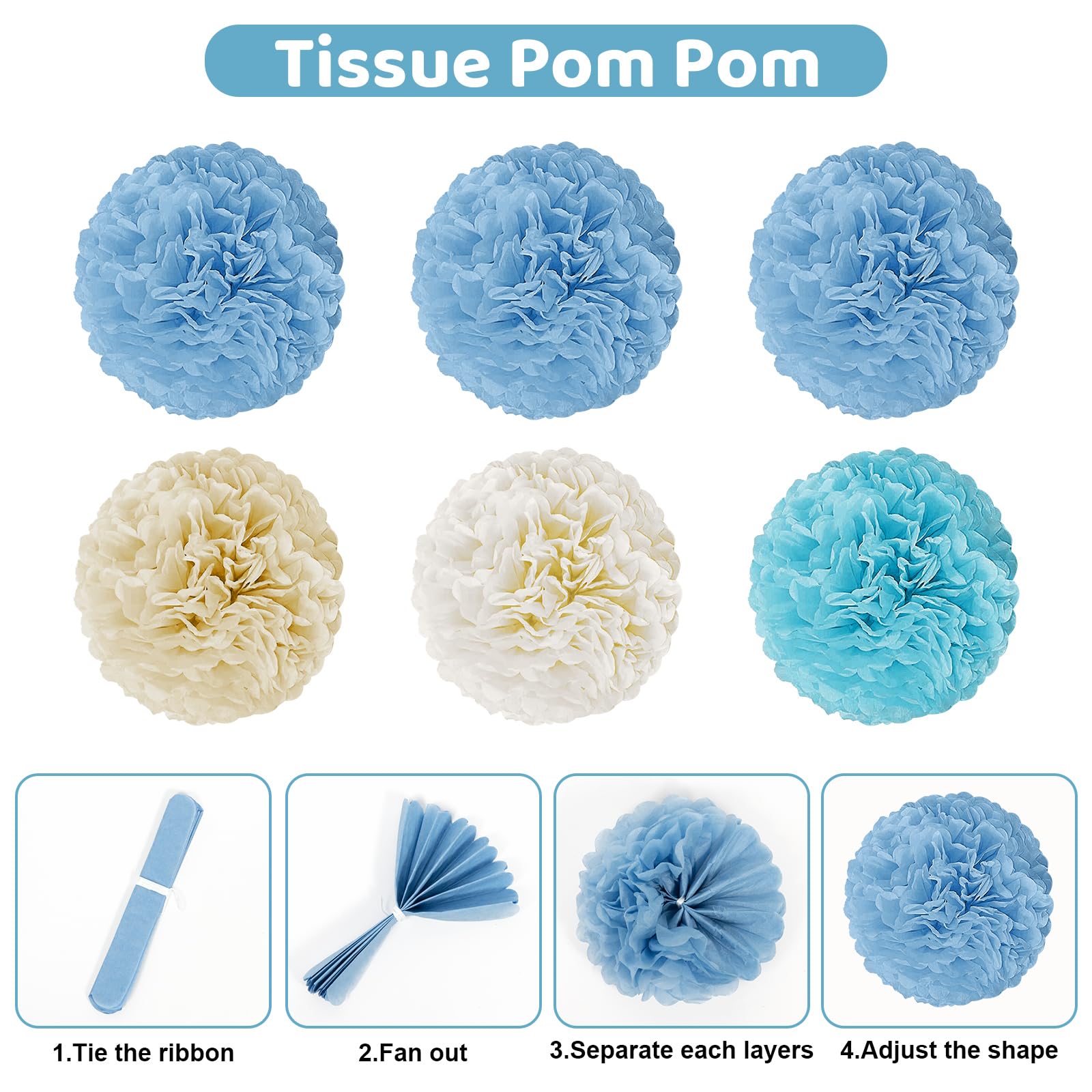 Ouddy Party blue, white, and coffee pompoms add playful texture to centerpieces and photos.
