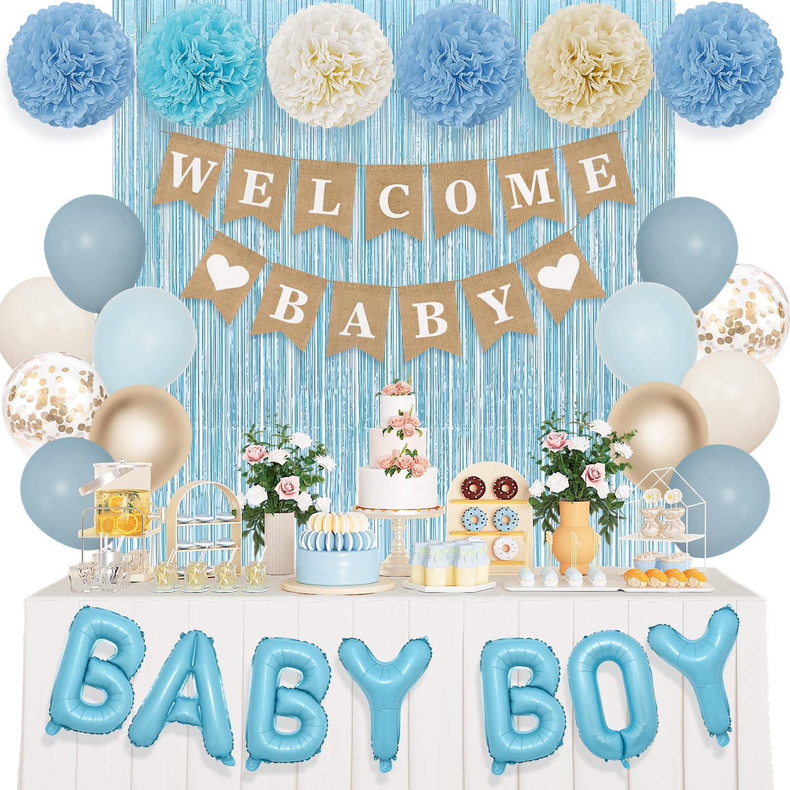 Ouddy Party dusty blue balloons brighten the baby shower with a calming, stylish feel.