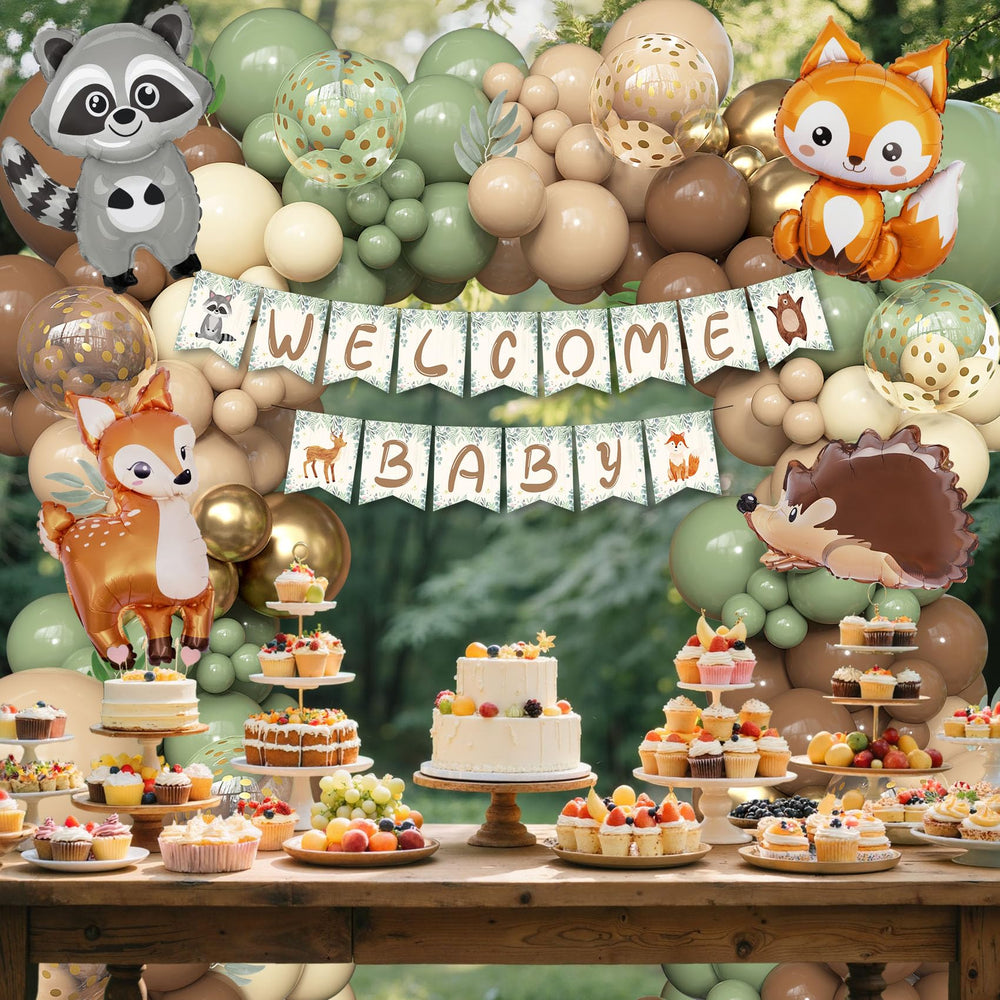 Ouddy Party forest color palette balloons establish a soothing theme for events.