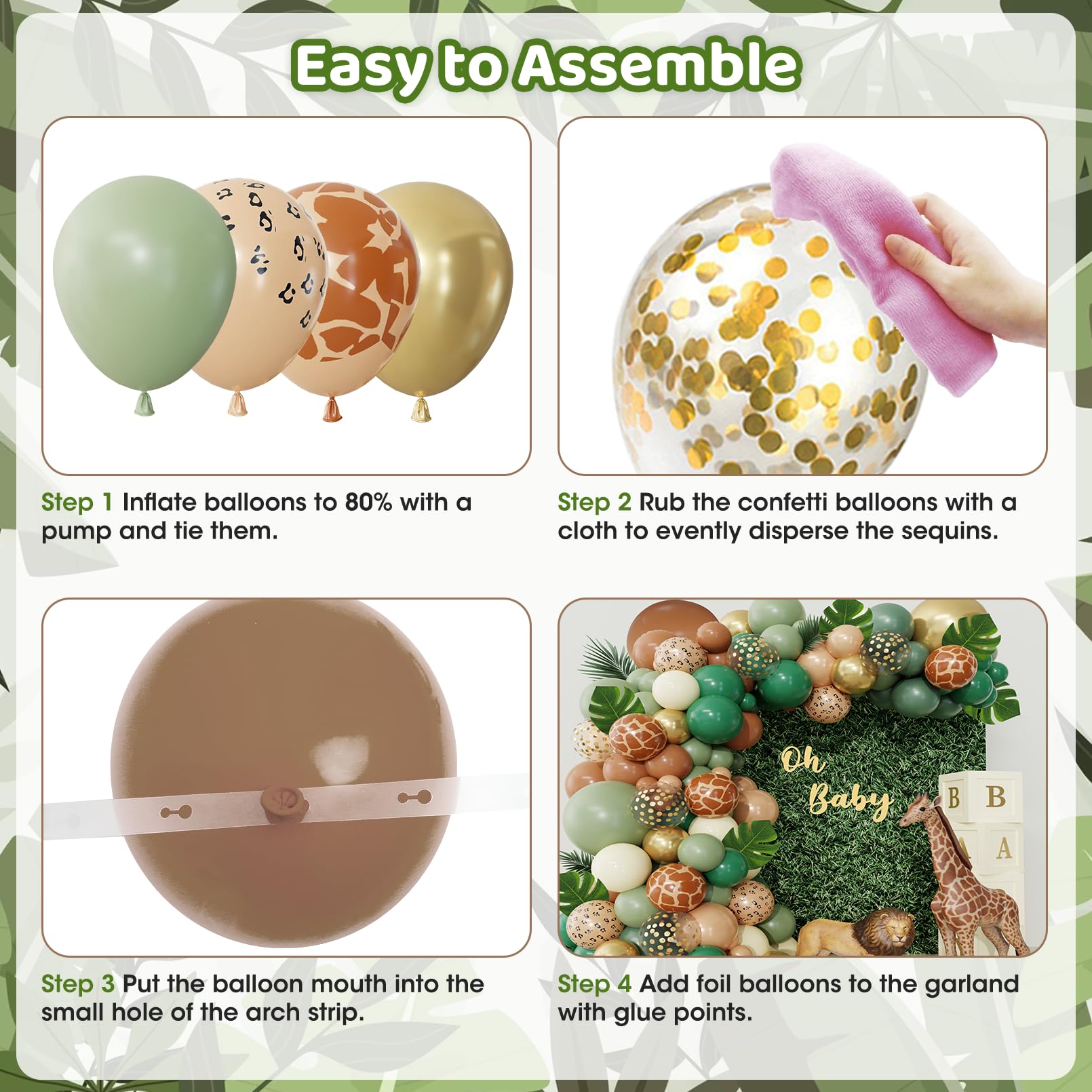 Ouddy Party jungle balloons in sage green and gold enhance woodland ambiance