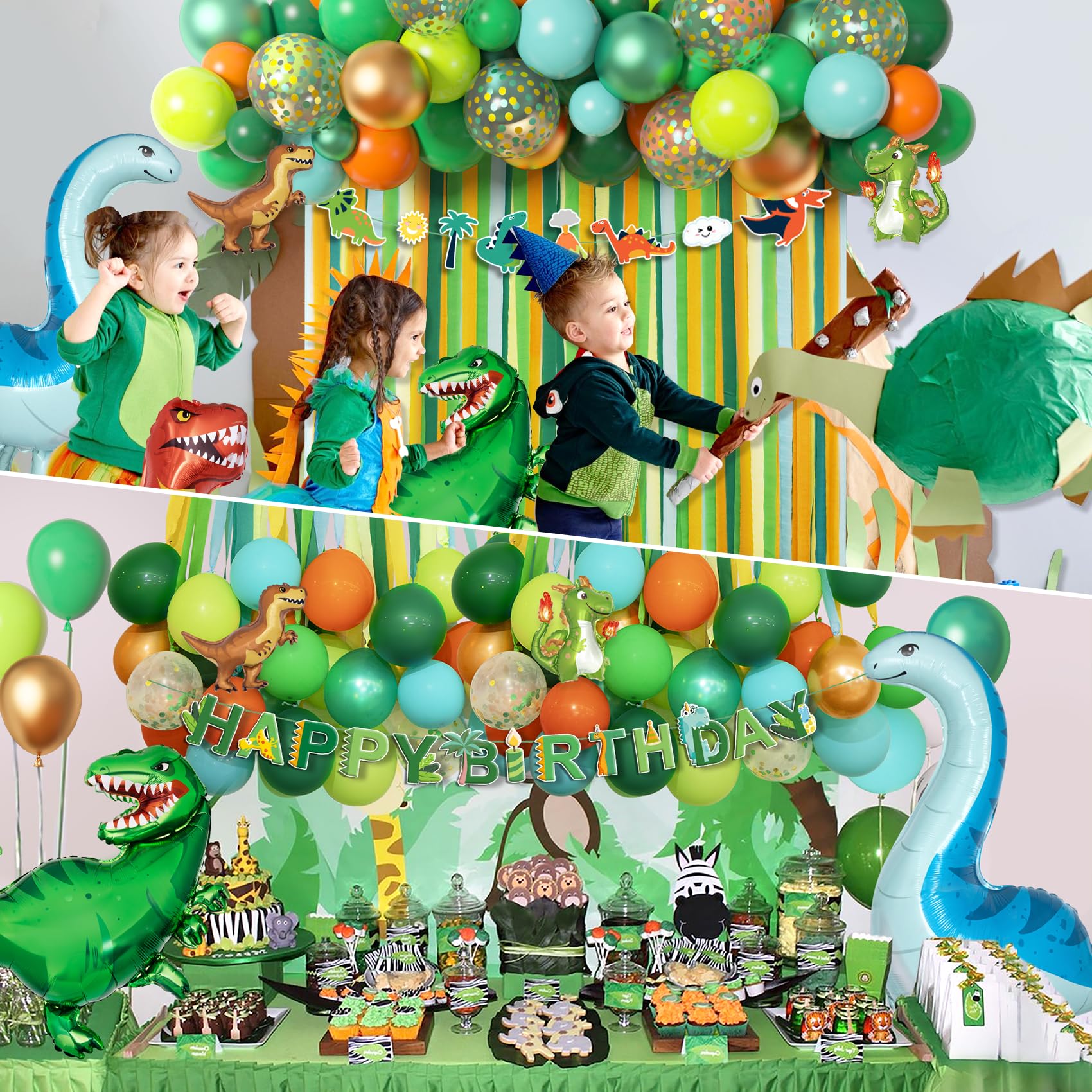 Ouddy Party orange dinosaur foil balloons brighten the celebration space.