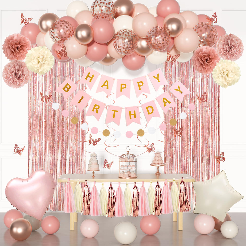 Ouddy Party pink birthday decor with dusty-pink balloons for a chic celebration