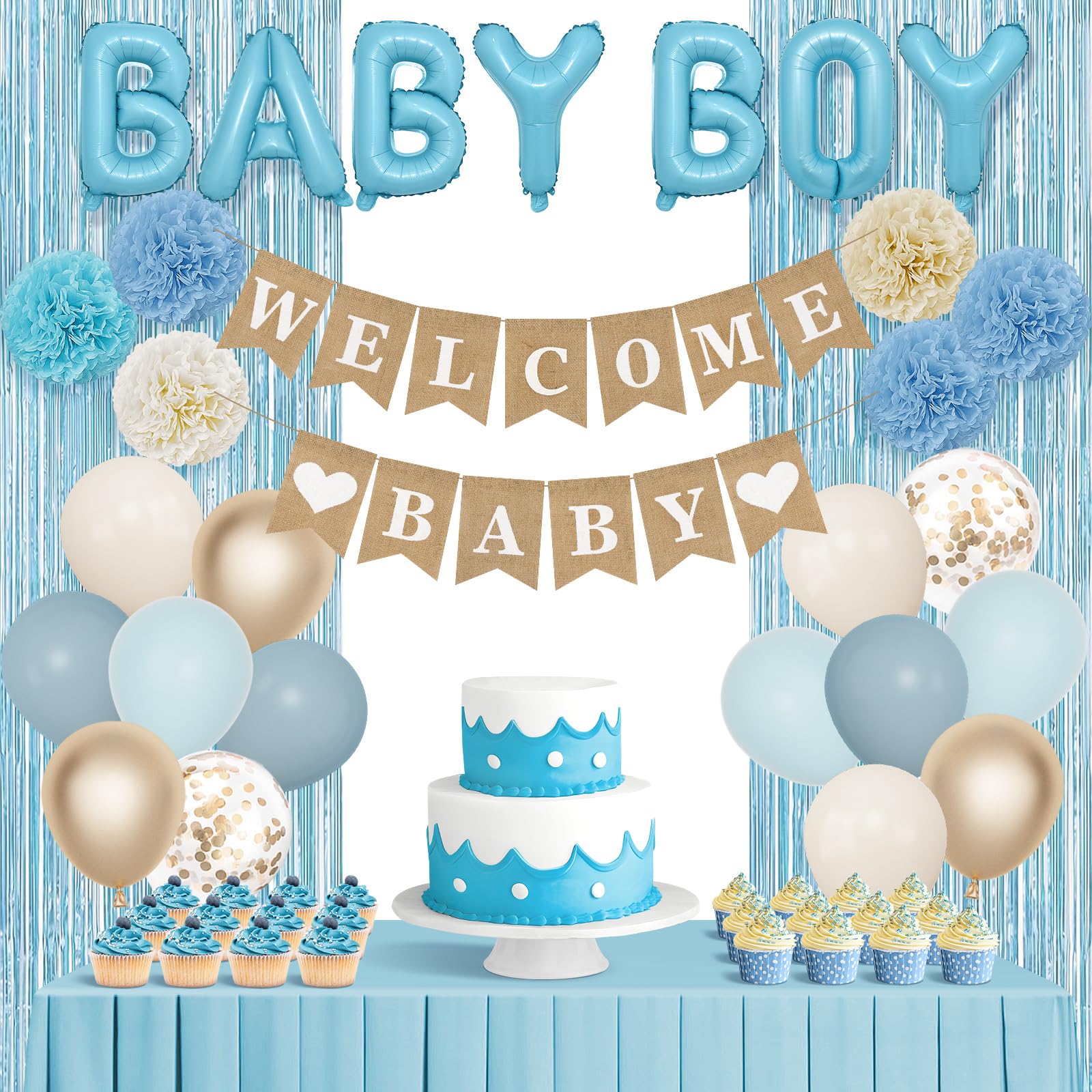 Ouddy Party welcome baby banner adds a welcoming focal point to the setup.