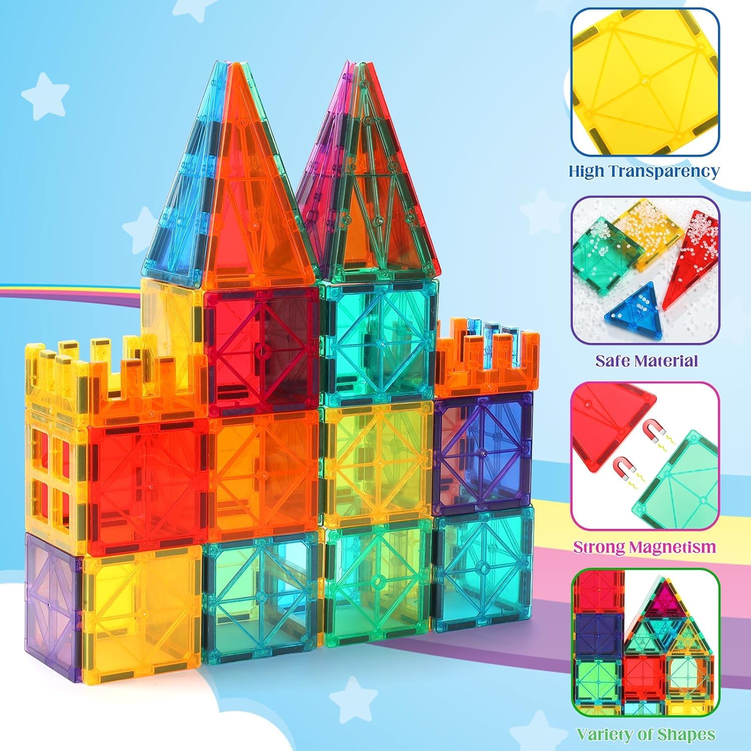 OugerToy tiles with car bases demonstrating tall 3D structures and mobility