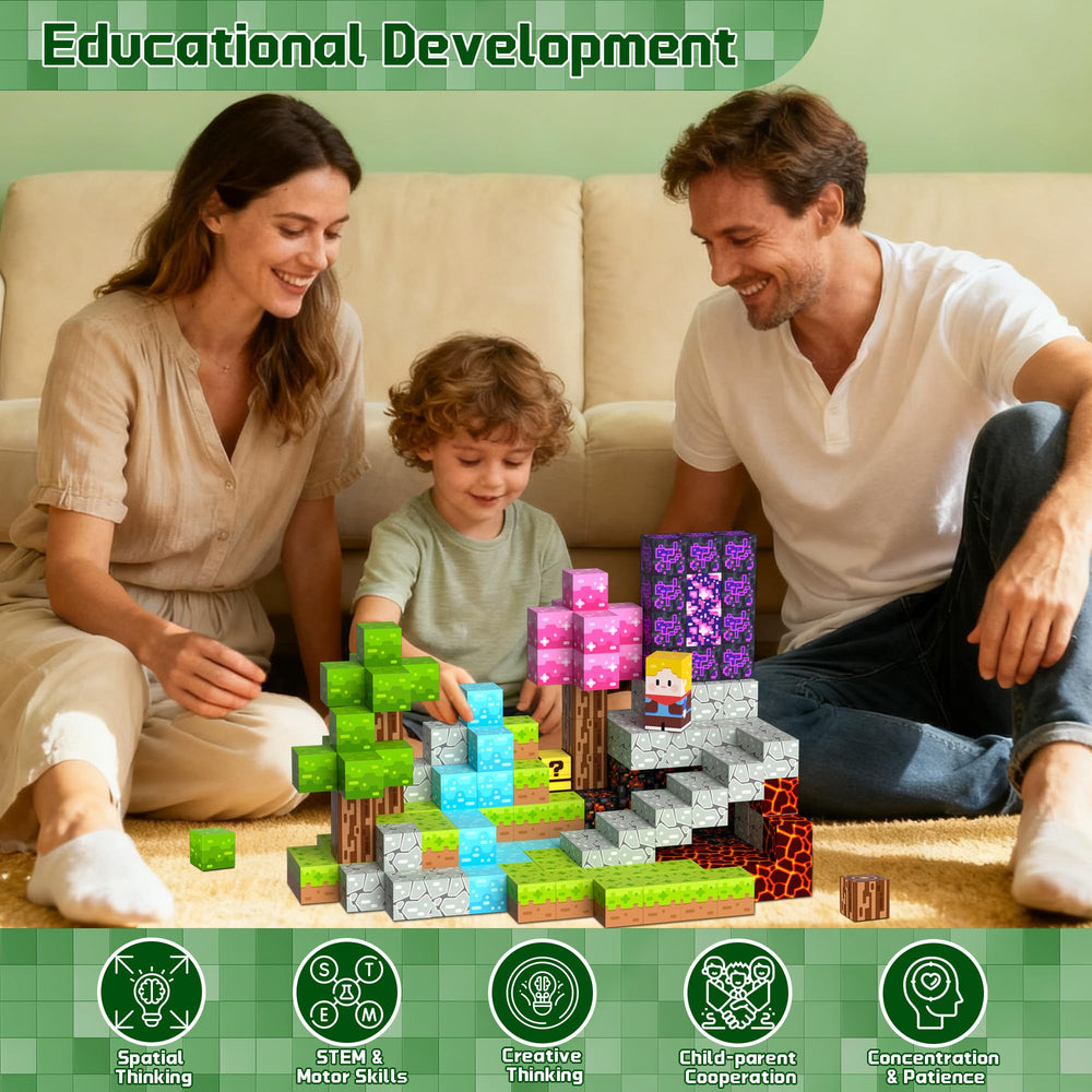 OUGUI family playing together with magnetic blocks on a table