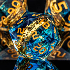 OUKELANWO seven-piece resin dice in blue gold for RPG sessions