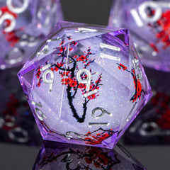OUKELANWO liquid core DND dice close-up with purple plum bloom colors for immersive visuals.