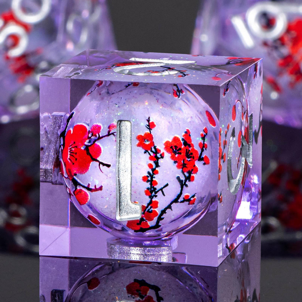 OUKELANWO plum blossom DND dice in tin box highlighting elegant gift packaging.