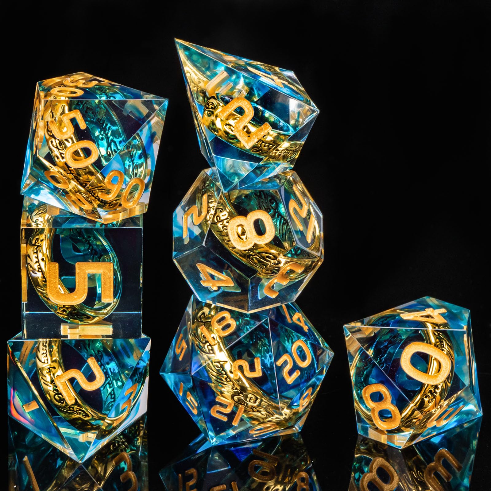 OUKELANWO blue and gold ring-dice close-up highlighting finish and readability