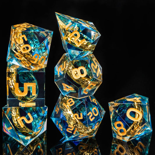 OUKELANWO blue and gold ring-dice close-up highlighting finish and readability