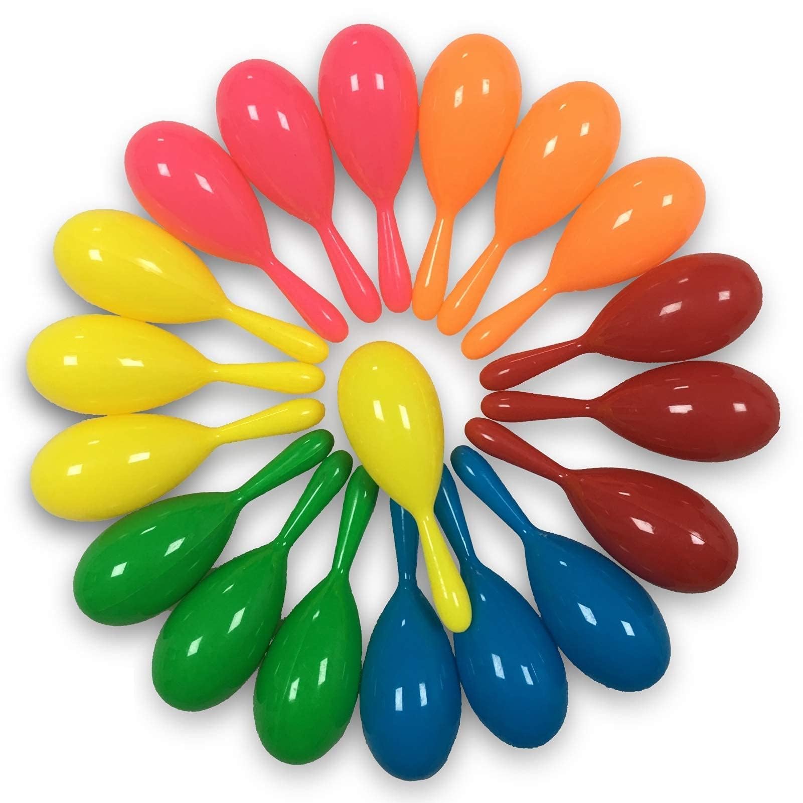 OuMuaMua 24pcs mini maracas in neon colors for festive decorations and kids' party favors.