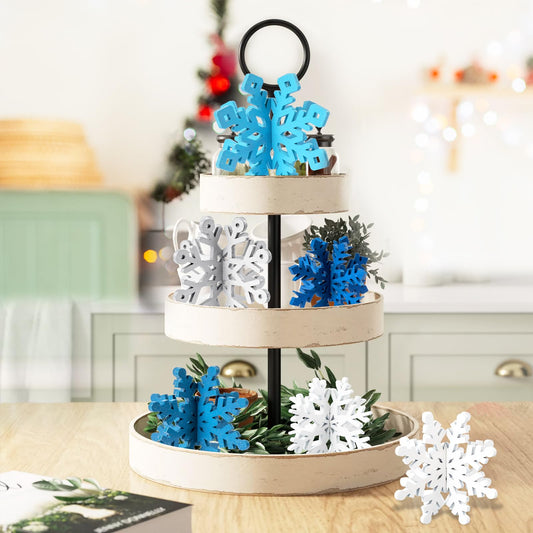 OuMuaMua blue white glitter snowflake decor with easy 3D assembly for centerpieces.