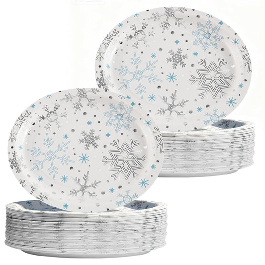 OuMuaMua blue-silver snowflake oval plates for festive, easy-serving holiday meals.