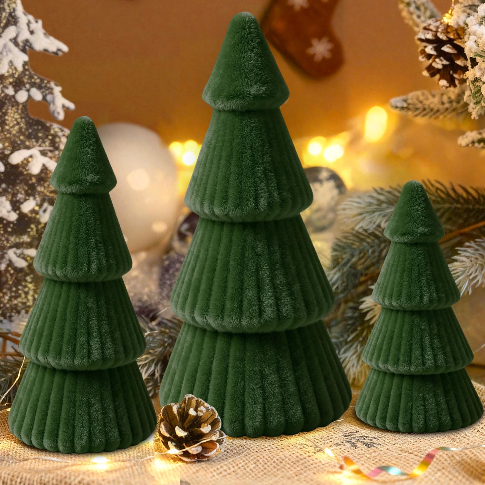 OuMuaMua velvet Christmas trees glow softly on a mantel, creating a cozy focal point.