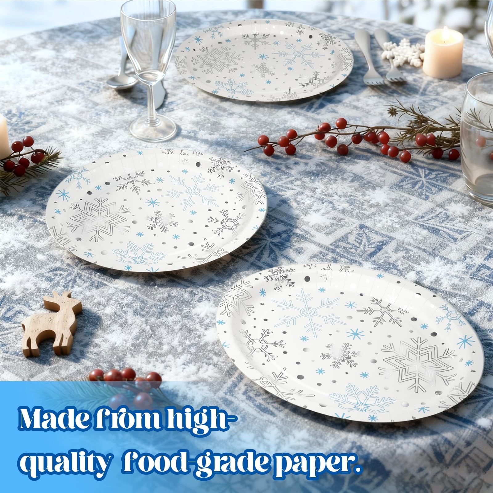 OuMuaMua white background with blue-silver design complements winter tables.