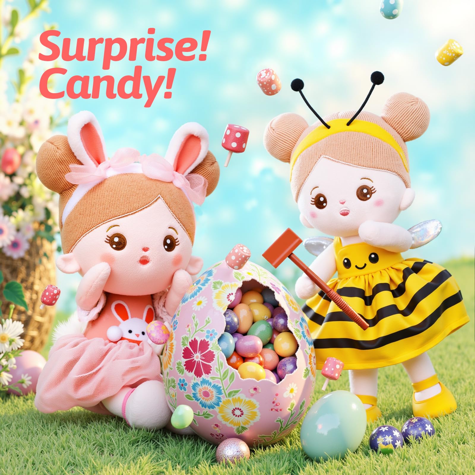 OUOZZZ bunny doll held by child, perfect for imaginative storytelling moments.