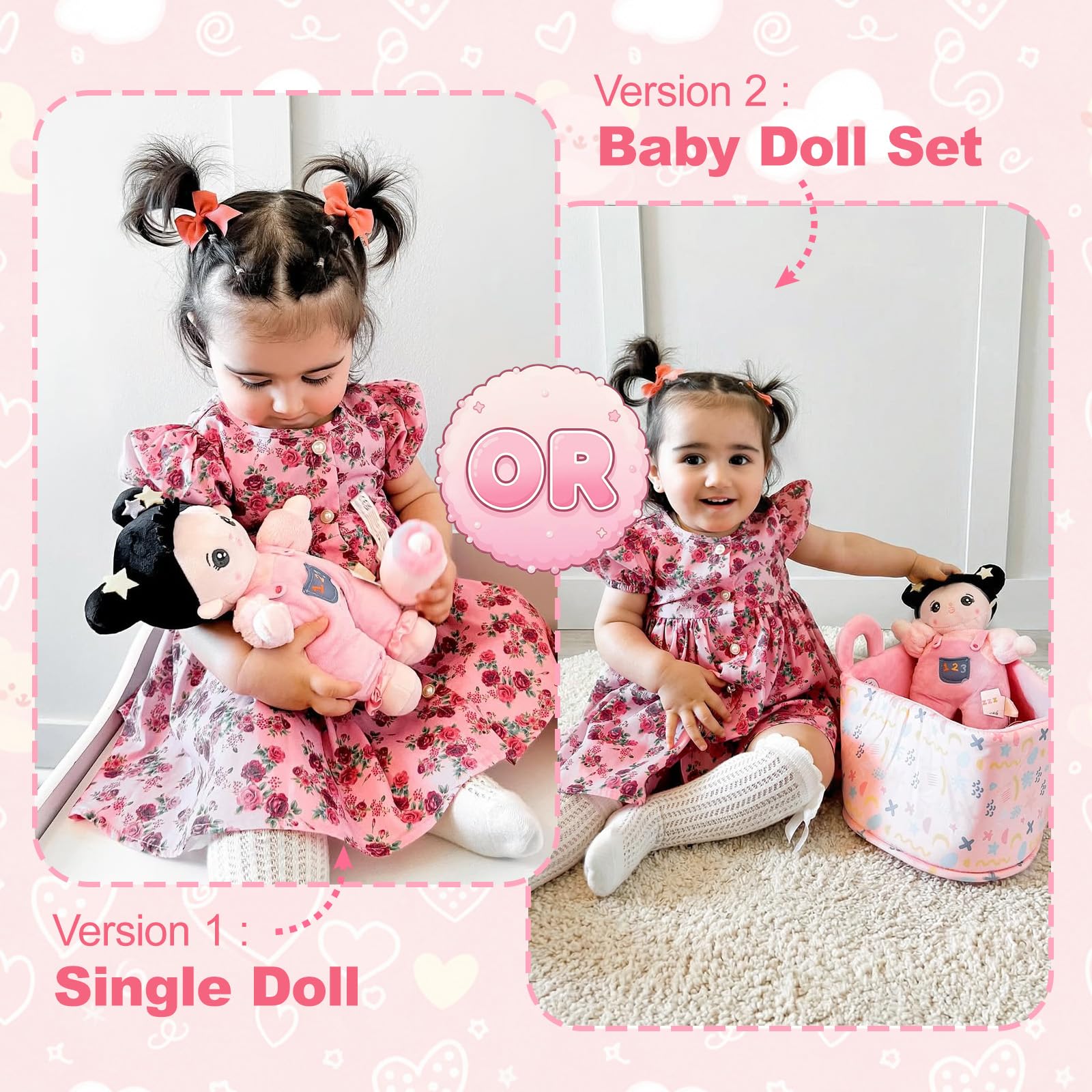 OUOZZZ child hugs the doll on a bed, illustrating cozy bedtime companionship.