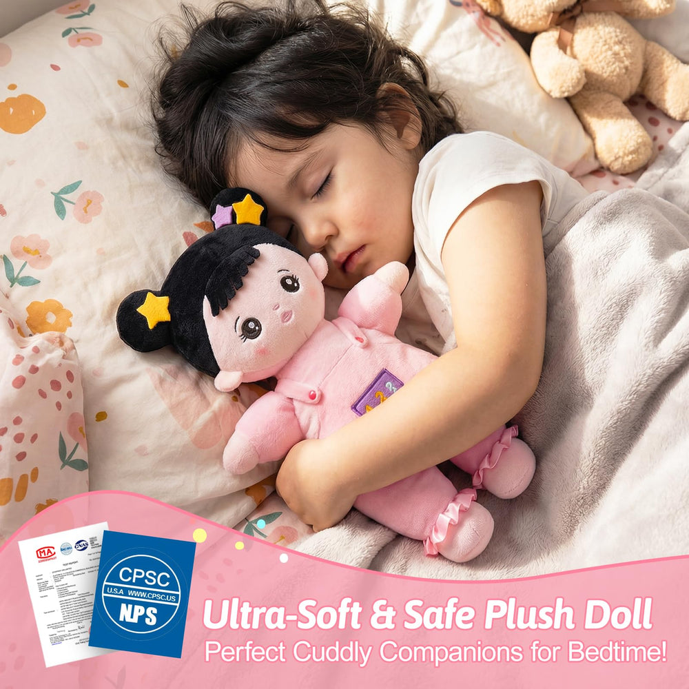 OUOZZZ doll in a child hands during nap time, showcasing portable comfort for quiet moments.