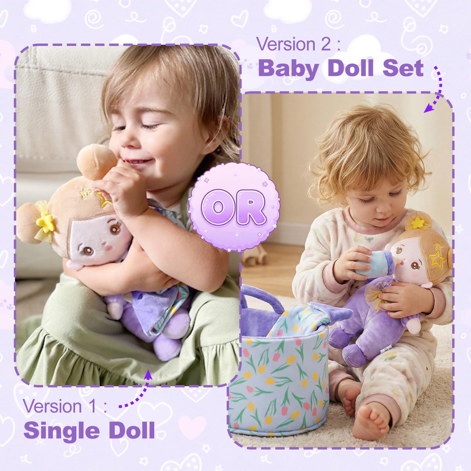 OUOZZZ Soft Baby Doll displayed on a shelf, ideal decor and bedtime buddy.