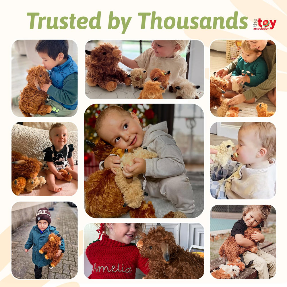 OUOZZZ Highland Cow bundle with four calves, ideal for cooperative pretend play.