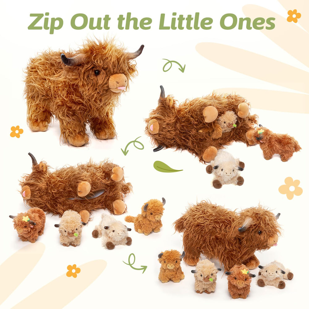 OUOZZZ Highland Cow mom belly open with four babies inside, educational and imaginative play.