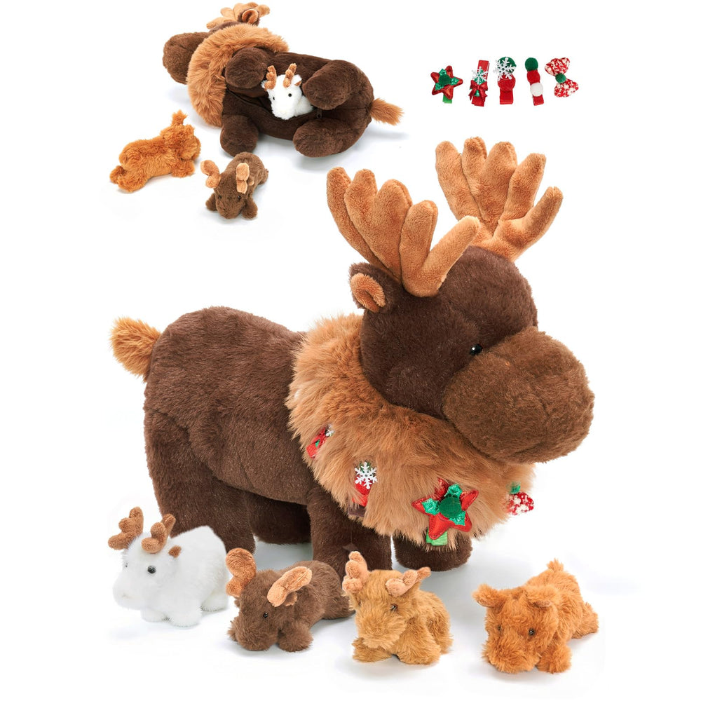 OUOZZZ Mama Moose plush with zippered belly and four baby calves for interactive storytelling.