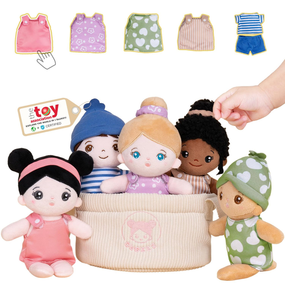 OUOZZZ soft baby dolls in a basket, diverse friends for inclusive play and easy storage.