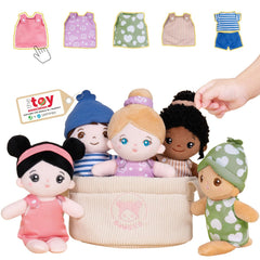 OUOZZZ soft baby dolls in a basket, diverse friends for inclusive play and easy storage.
