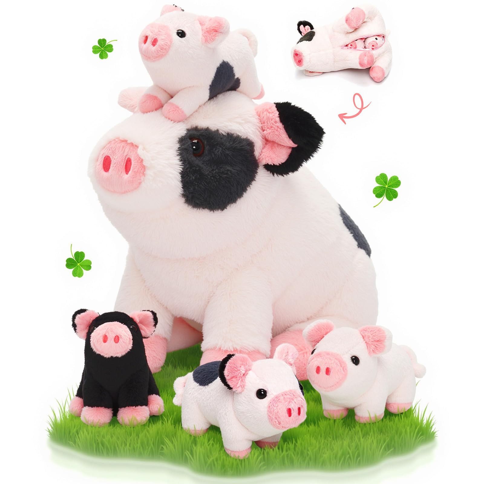 OUOZZZ Spotted Mama Pig 11-inch plush with four piglets inspires imaginative storytelling.