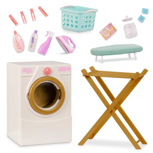Our Generation hamper stores outfits for tidy pretend laundry sessions.