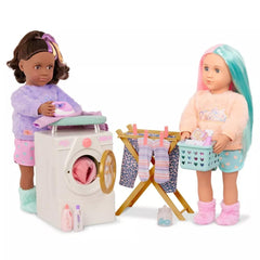 Our Generation playset overview shows washer, hamper, rack, board, and extras.