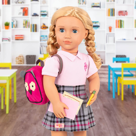 Our Generation Hally's curly blonde hair can be brushed for smooth looks