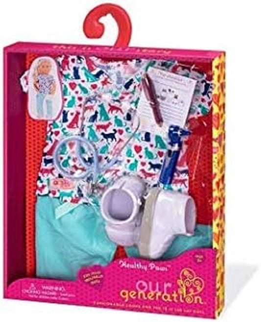 Our Generation Healthy Paws Vet Uniform for 18-inch dolls, ideal for imaginative veterinary play.