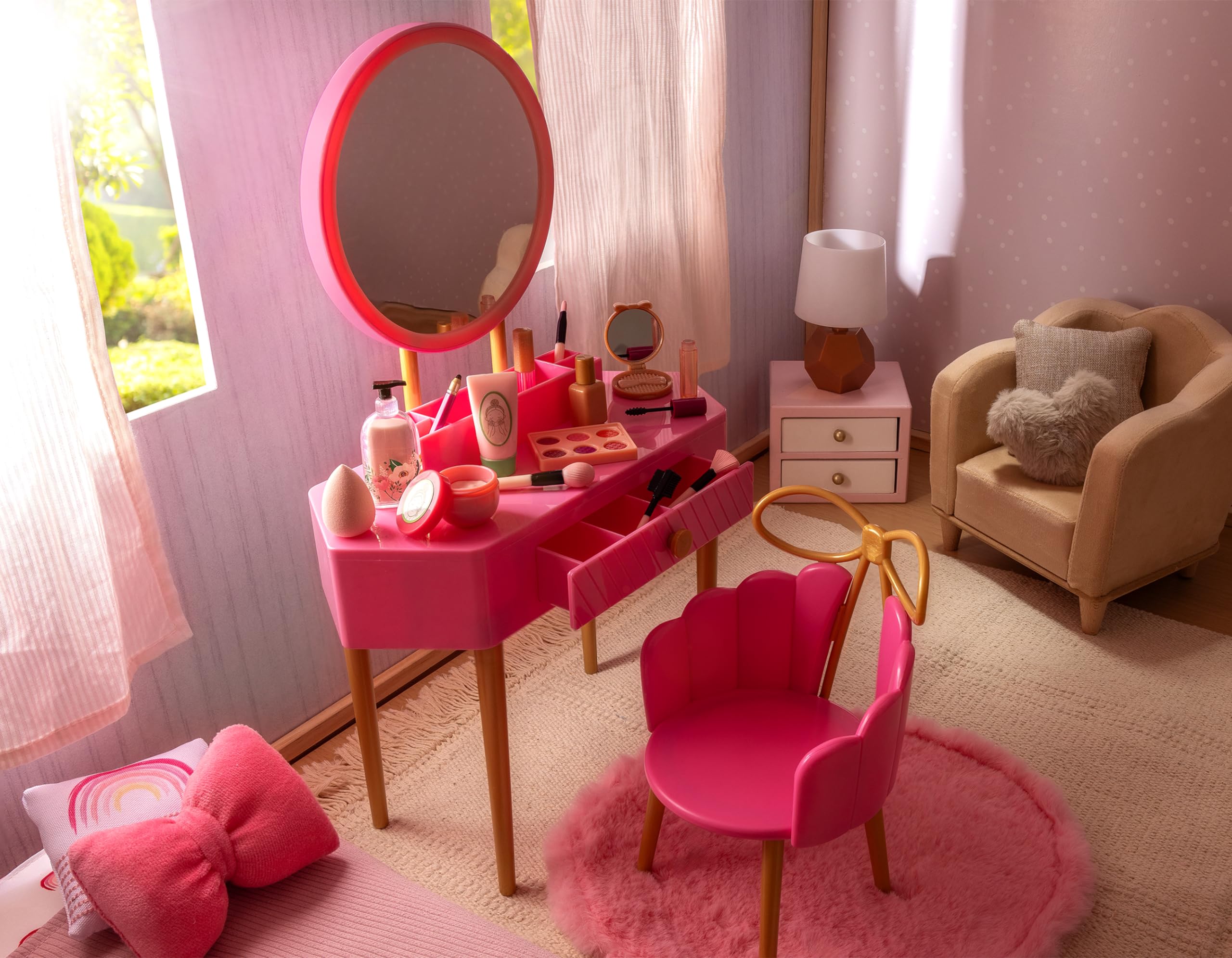 Our Generation pink vanity chair provides comfy seating during playtime.