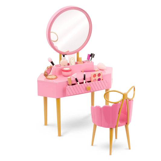 Our Generation pink vanity table with mirror for imaginative styling.