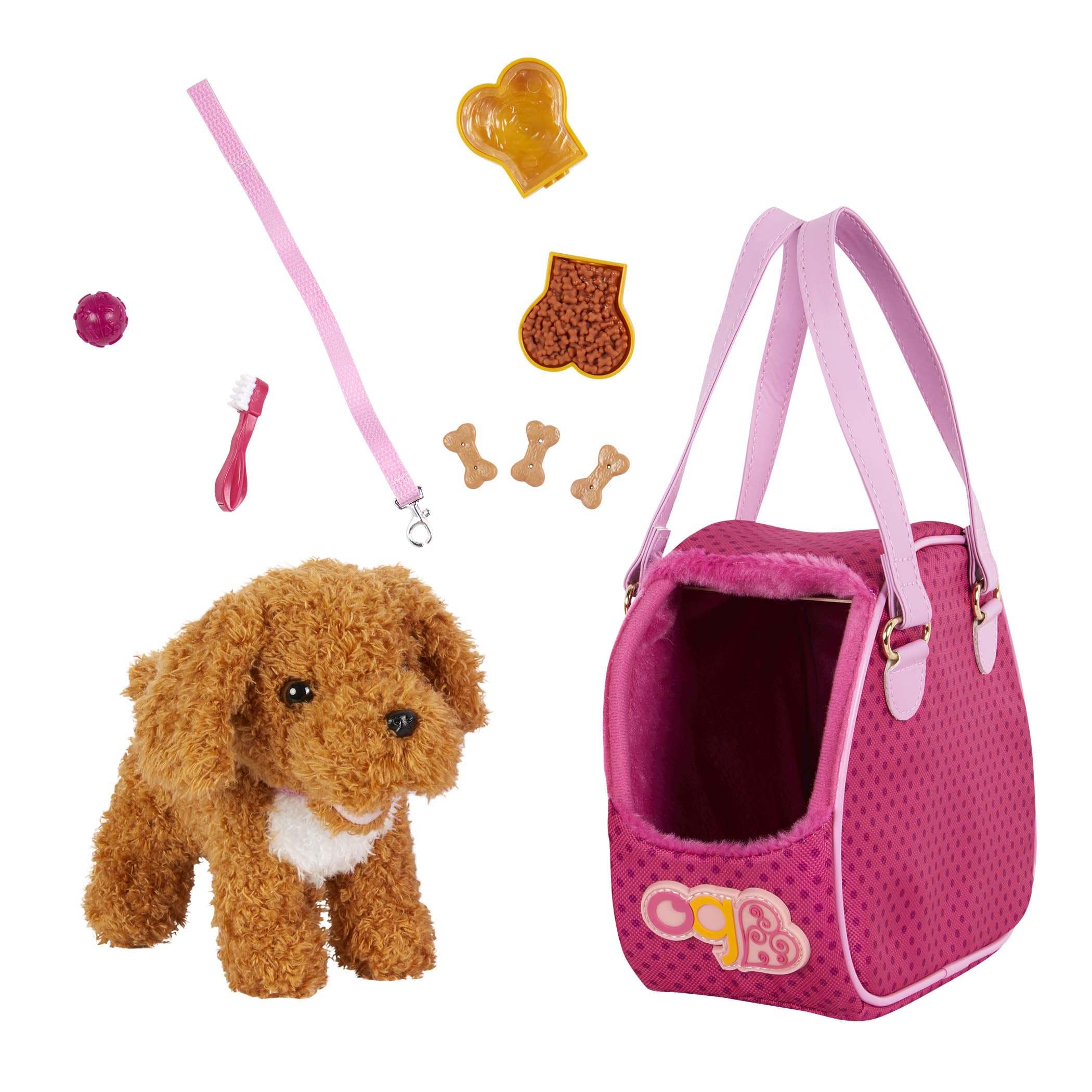 Our Generation poodle plush dog with carrier for cozy pretend travel.