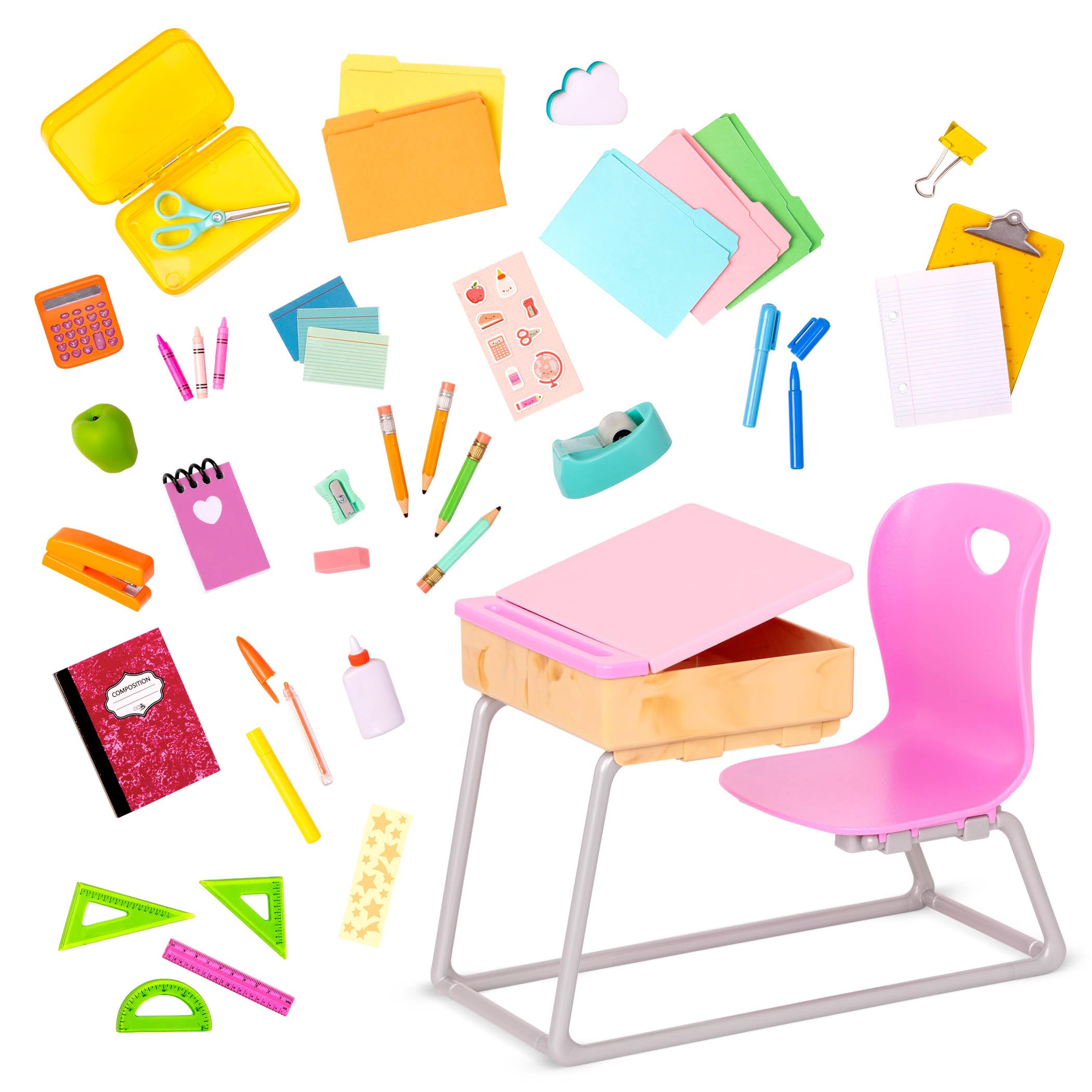 Our Generation school desk set geometry set enhances math-themed role play.
