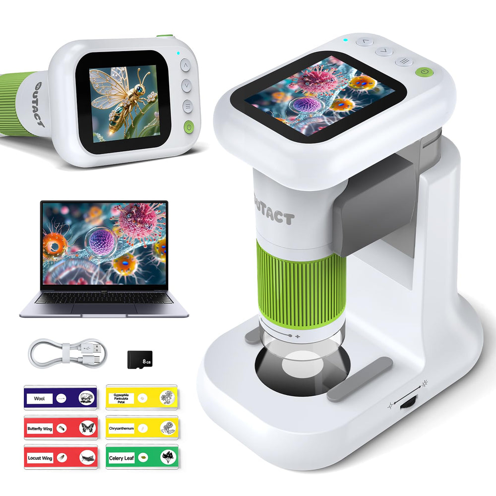 OUTACT Kids Microscope setup shows 2-in-1 learning tool for exploration