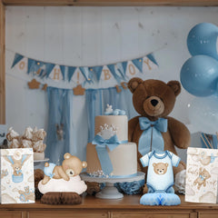 Outego table display with bear decor creating a playful birthday setup