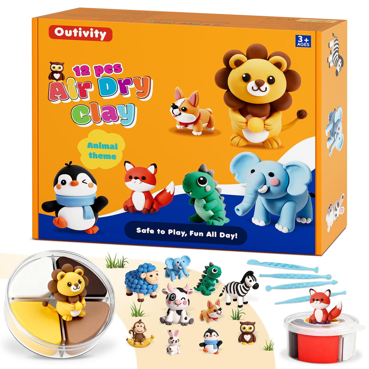 Outivity air-dry clay set with 12 animal crafts tins; perfect starter kit for kids