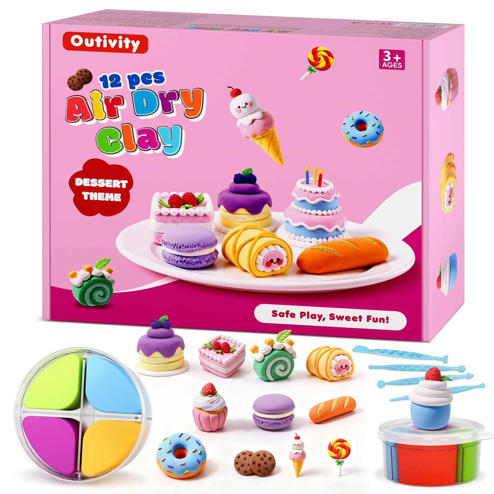 Outivity air-dry modeling clay dessert kit with 12 colorful tins for imaginative play.