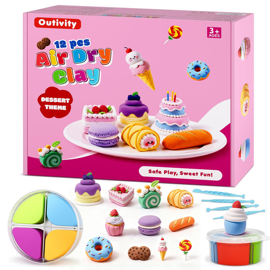 Outivity air-dry modeling clay dessert kit with 12 colorful tins for imaginative play.