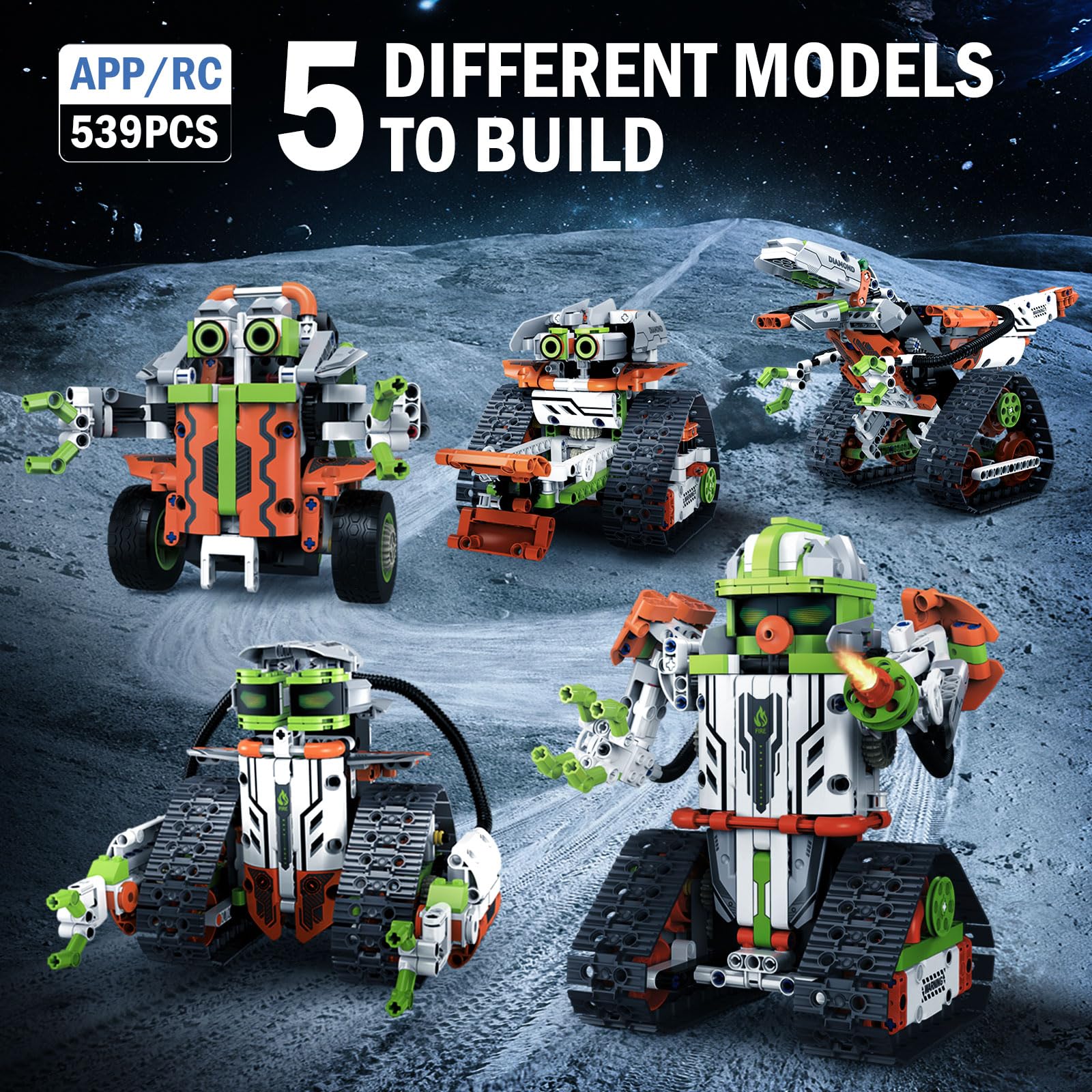 OUTOGO STEM robot parts spread showing 539 pieces for progressive building