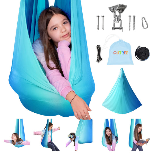 Outree sensory swing in blue and white mounted indoors for calm play