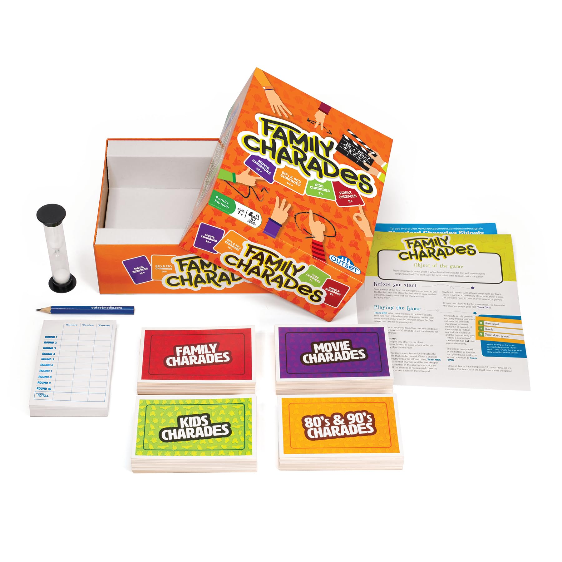 Outset Media charades cards spread across four themes for quick, varied play sessions.