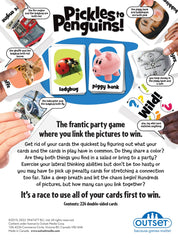 Outset Pickles to Penguins box and rulebook, family-friendly party game for all ages.
