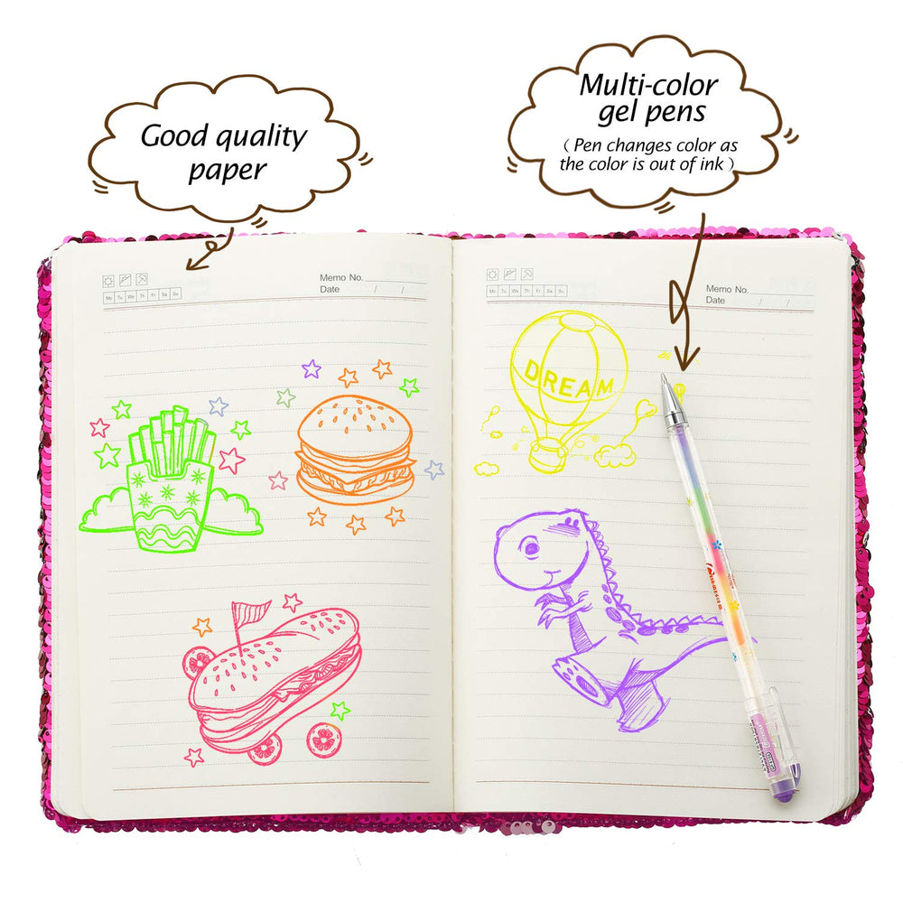 Close-up of color-flip sequins on the Outus journal for interactive fun.