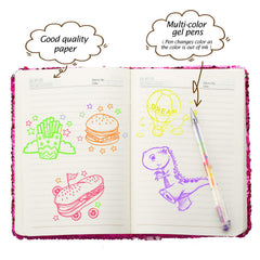 Close-up of color-flip sequins on the Outus journal for interactive fun.