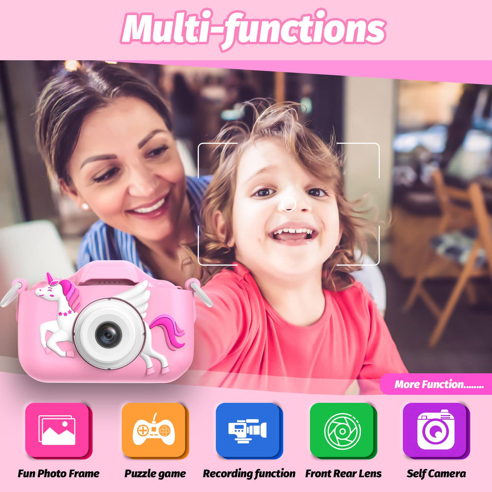OUTUVAS Unicorn Kids Camera back view showing simple controls for kids