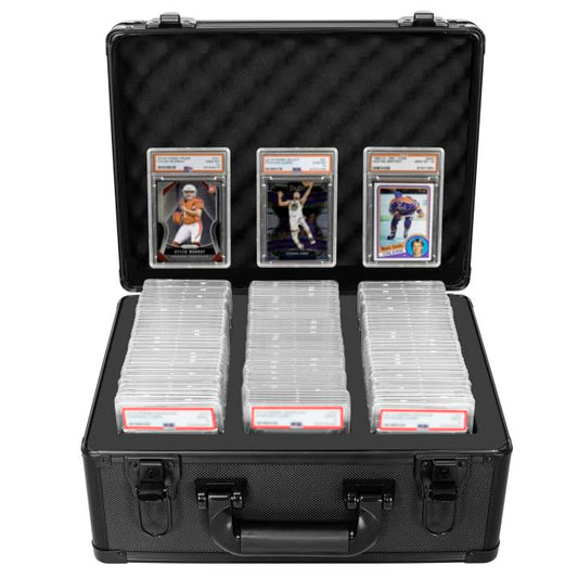 OUUTMEE graded card case with aluminum-frame for durable storage.